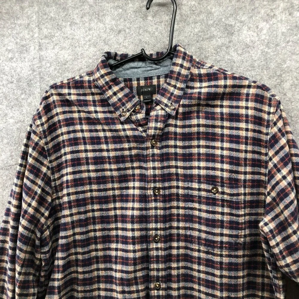 J. Crew Flannel‎ Shirt Mens L Elbow Patch Brown Blue Plaid Long Sleeve